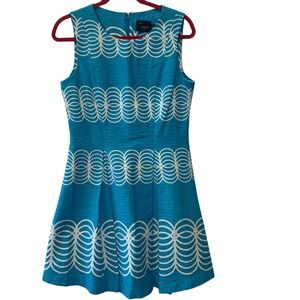 Just Taylor Blue White Geometric Sleeveless Pleated Fit Flare Dress Size 8